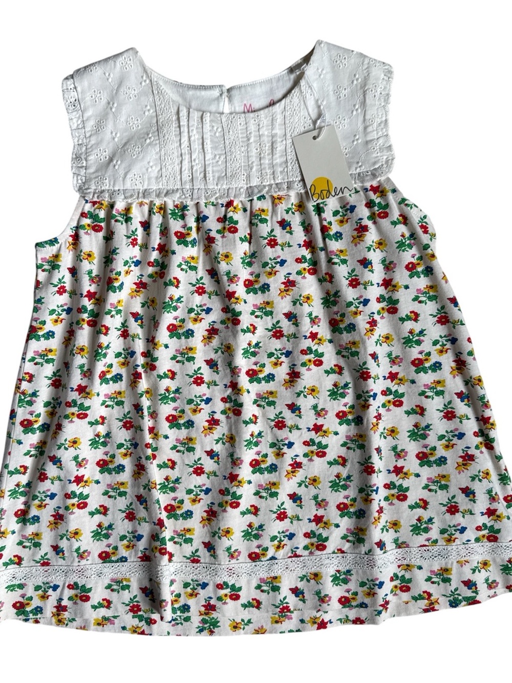 NWT Mini Boden White Eyelet Yoke Floral Top Girl’s 9-10y